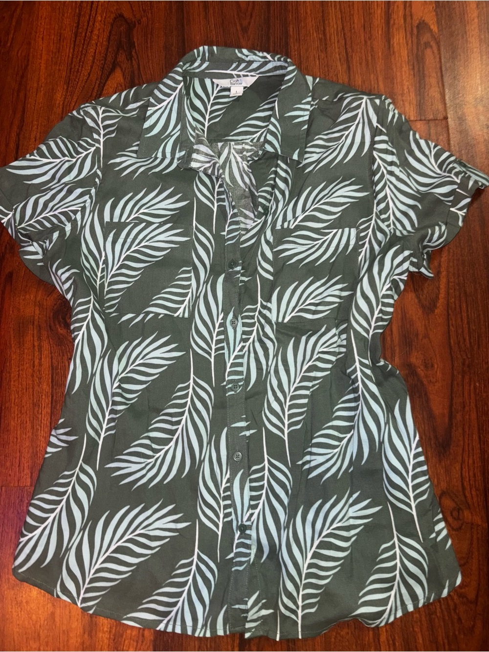 croft & barrow Olive Green Button-Front Shirt with White Leaf Print